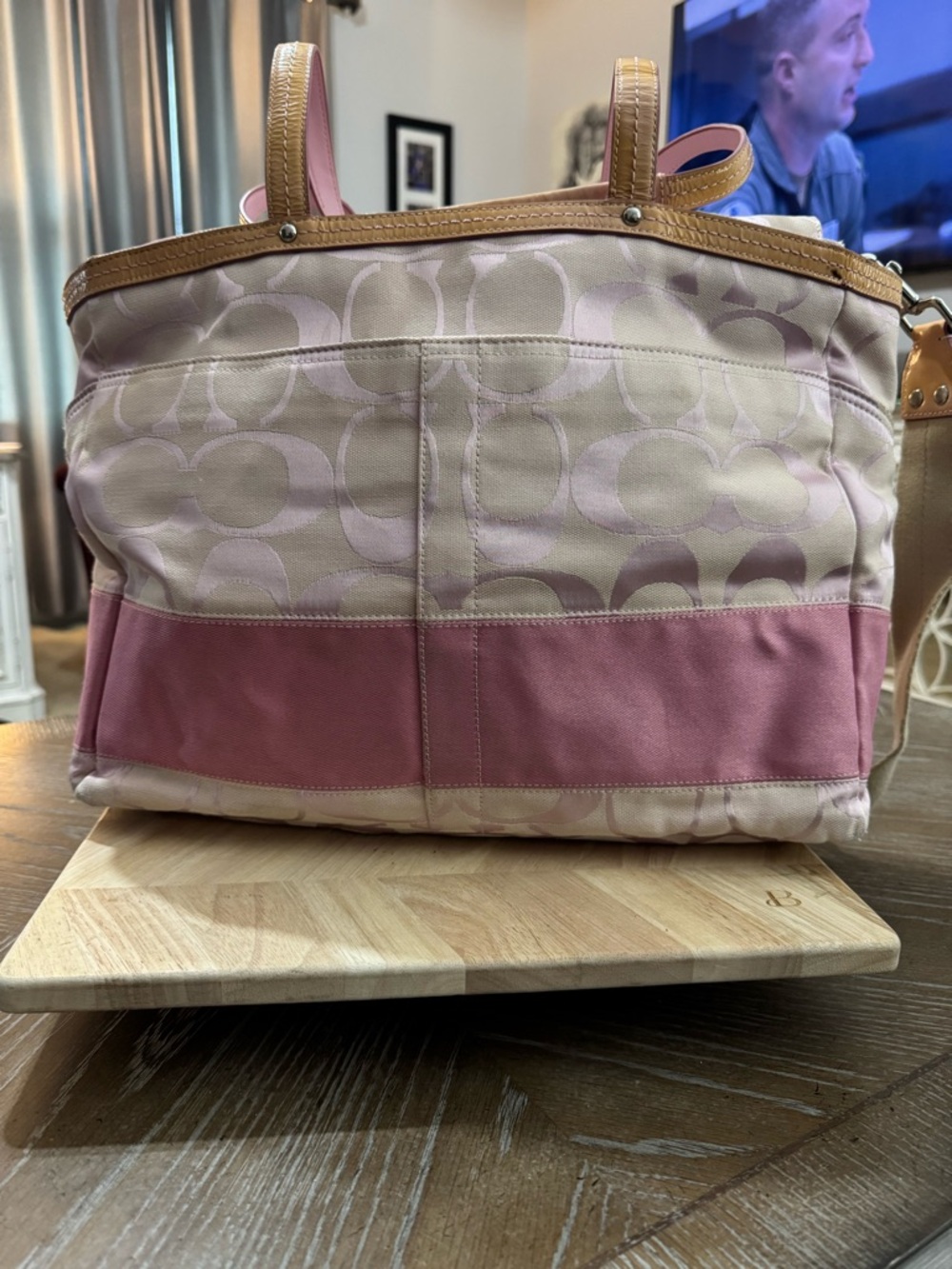 Coach Pink and Tan Signature Canvas Tote/ Diaper bag with Charm - Picture 4 of 17